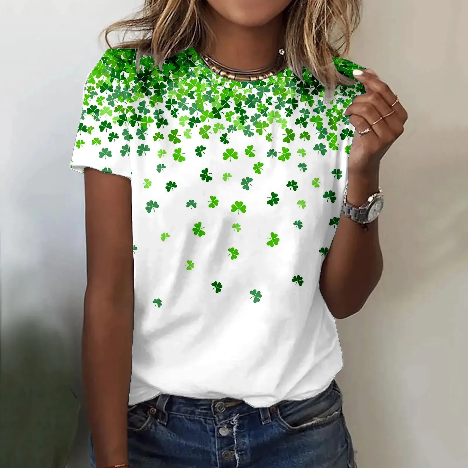 317 Mulheres camiseta feliz St Patricks Dia de manga curta Tshirts Carnival Festival Green Lucky Clover Tees Tops de verão 240409