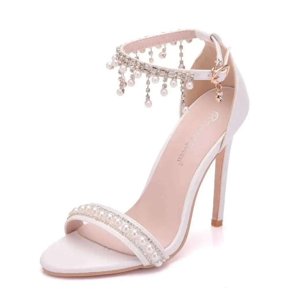 Buty sukienki kryształ królowa seksowne kobiety sandały wysokie obcasy Pearl Rhinestone 11 cm otwarty palec kostki pompki imprezowe H240409 5SEF