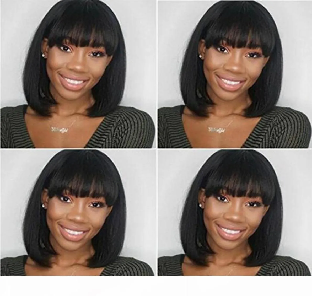 Intalian Yaki Short Bob Human Hair Wig For Afro American Woman Gluless Full Lace Human Hair Short Straight Wig with Full Bangs Per7556288