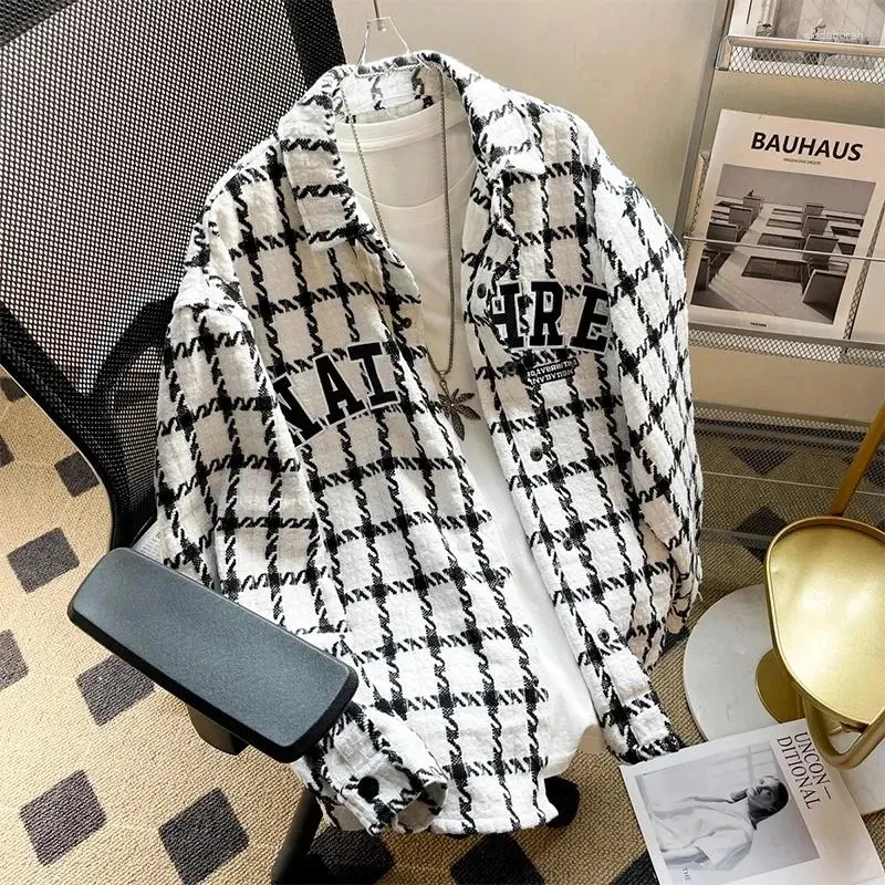 Men's Jackets High Quality Plaid Jacket For Men And Women's Spring Autumn American Style Retro Lapel Loose Single Breasted Shirt