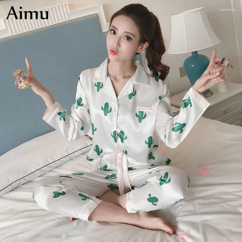 Home Clothing 2024 Autumn Women Ladies Sexy Satin Silk Print Pajamas Sets Long Sleeve Tops Pants Pijama Mujer Nightwear Pyjama Femme