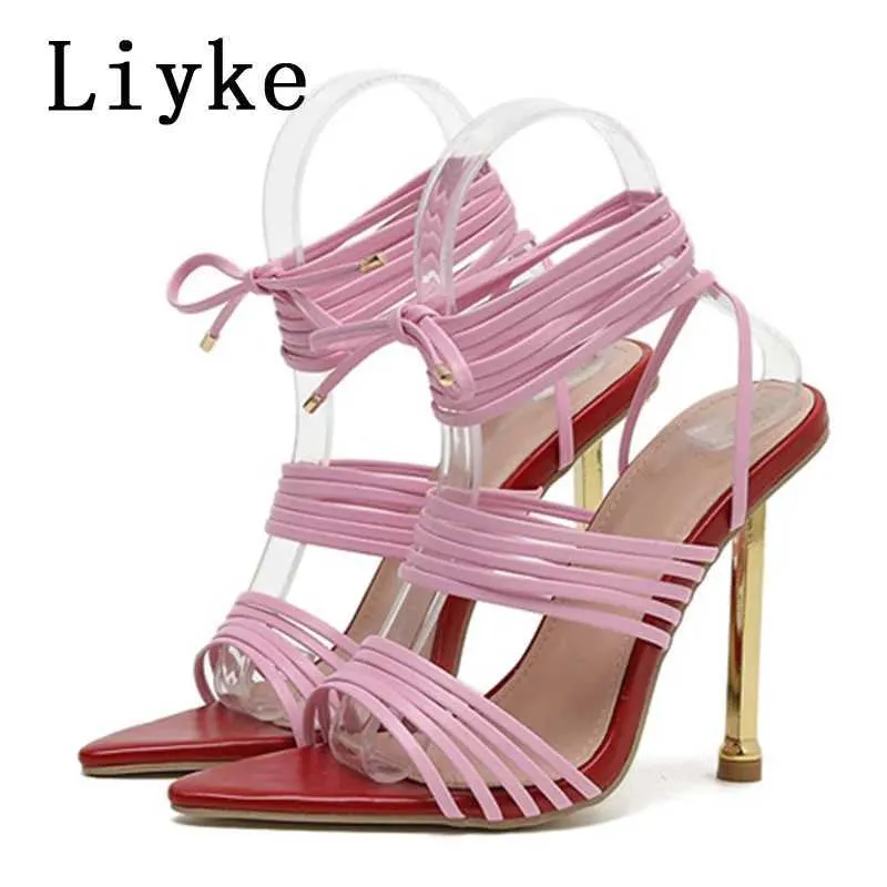 Dress Shoes Liyke Size 35-42 Red Blue Thin High Heels Sandals For Women Summer Fashion Pointed Toe Snake Print Lace Up Female Pumps H240409 OGA6