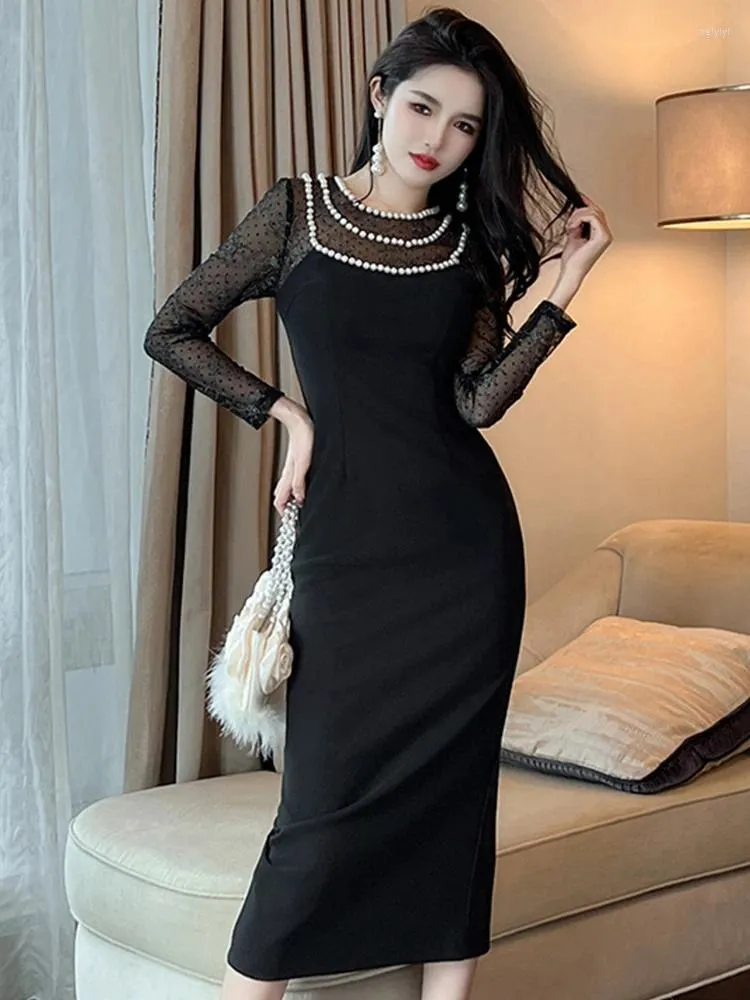 Casual jurken luxe elegante zwarte jurk parel perspectief borduurwerk mesh splice spleet bodycon robe feestvestidos mujer prom club jurk