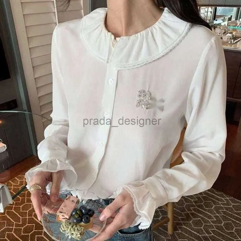 Designer women's T shirt Luxury Fashion Women High Version Original Letter Rhinestone Lotus Leaf Collar Silk Shirt With Long Sleeves For Autumn And Winter New Style