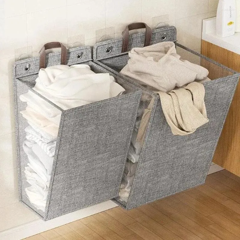 Tvättpåsar 1pc Hollfällbar vägg hängande korg multifunktionell stansfri tvättkläder mesh krokarrangör