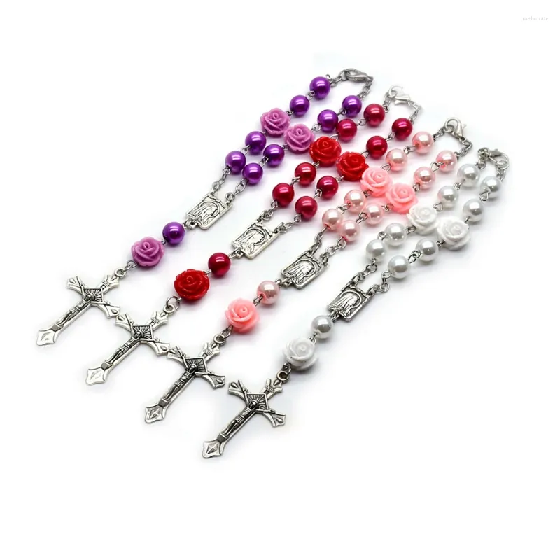 Strand Qigo Glass Pearl Rosary Armband Harts Rose Flower Cross Religous smycken