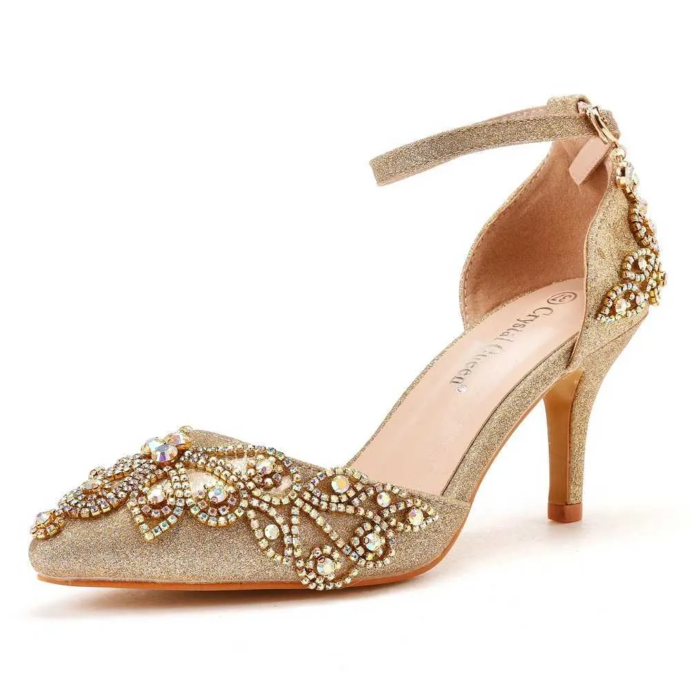 Chaussures habillées Crystal Queen Sexy Femmes 7cm High Heels Taille 35-42 Sandales Mariage Bridal paillettes Fetish Stiletto Righestone Gold Pumps H240409 52BQ