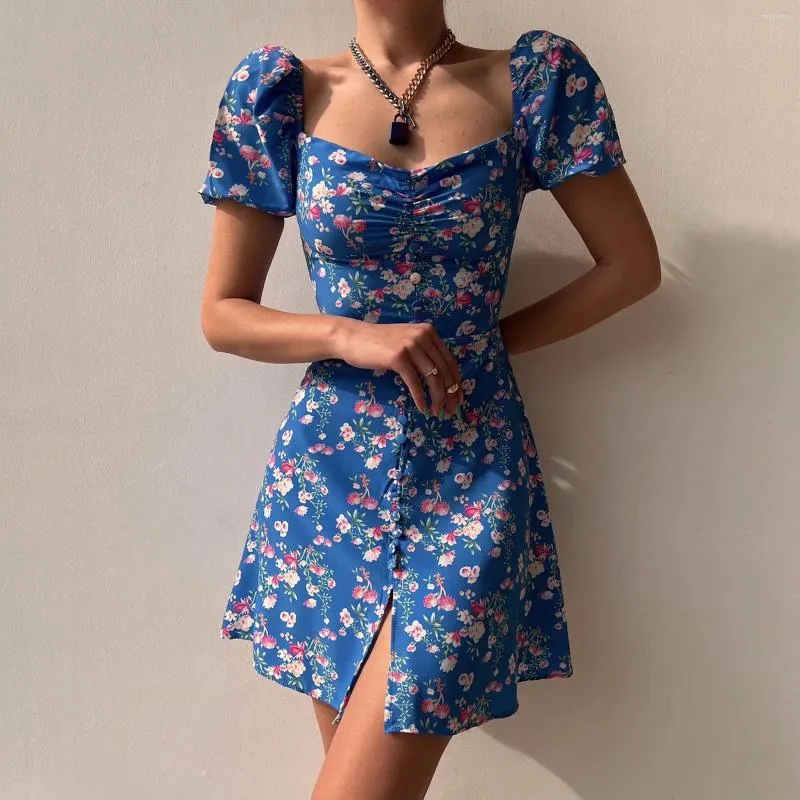 Casual Dresses Dress Trendy Plus Size Women's Square Neck Floral Bubble Sleeve Pleated Shorts Single Breasted Chiffon