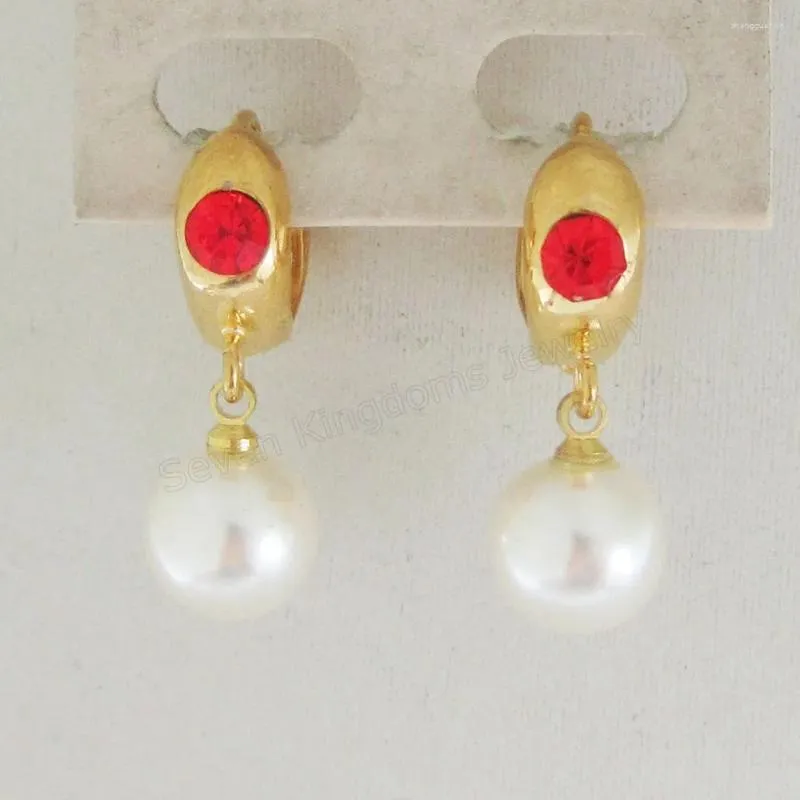 Dangle Earrings Foromance/ RED CZ STONE EARRING WITH SIMULATED PEARL DROP DANGLING PART YELLOW GOLD COLOR HUGGIE HOOP TALL 27MM 1.06"