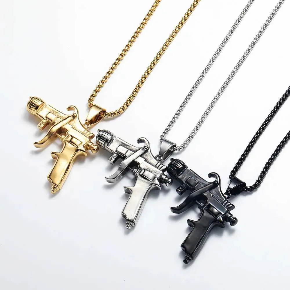 Pendant Necklaces Spray Gun Unique Stainless Steel Mens Necklace Pendant Chain Punk Fashion Jewelry Wholesale Direct ShippingQ
