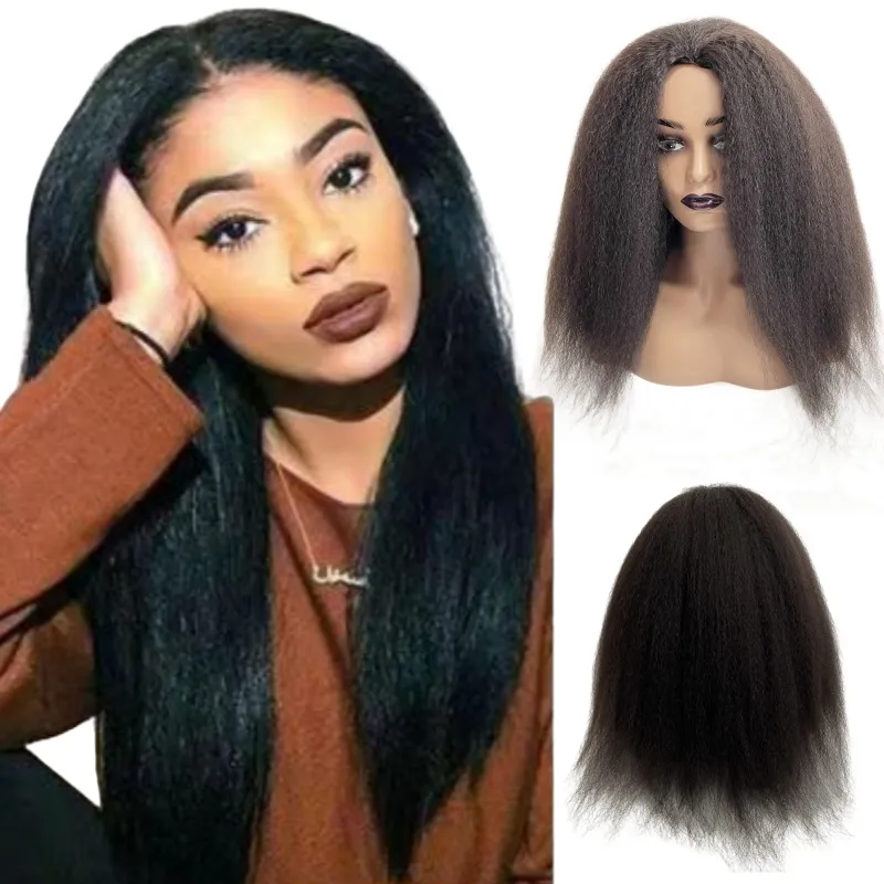 16 inches Brazilian Virgin Human Hair Natural Color Kinky Straight Medical Full PU Wigs for Black Woman