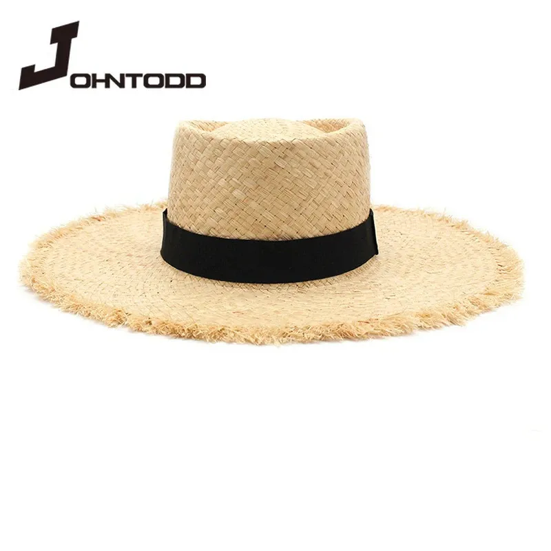 dames raffia hoed met elegante boog Koreaanse stijl stro vrouwen platte top panama uv bescherming zomervakantie cap240409