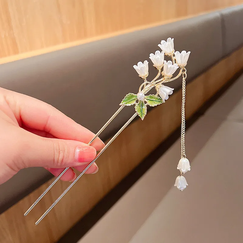 Elegant vintage Hair Bin Cage Flowers pearls Retro Bell Orchid Floral Pearl Tassel Metal Hair Sticks  main image 3
