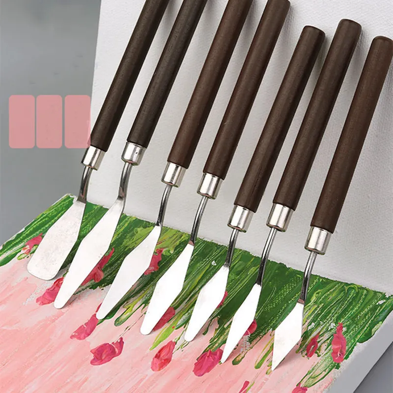 7pcs Art Spatula Pintura suave Spátula Pintura al óleo espátula Mango de madera Paleta con cuchillo Gouache Pintura Spátula Herramientas de pintura