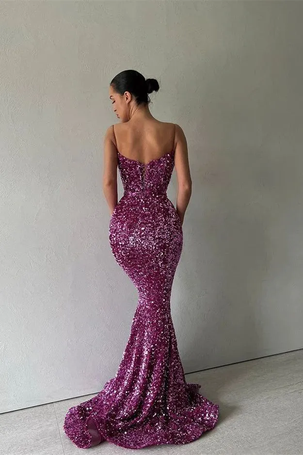 Glamorous Plus Size Mermaid Evening Dresses Spaghetti Straps Sequined Sweetheart Pleats Floor Length Formal Wear Celebrity Birthday Special Occasion Prom Dress