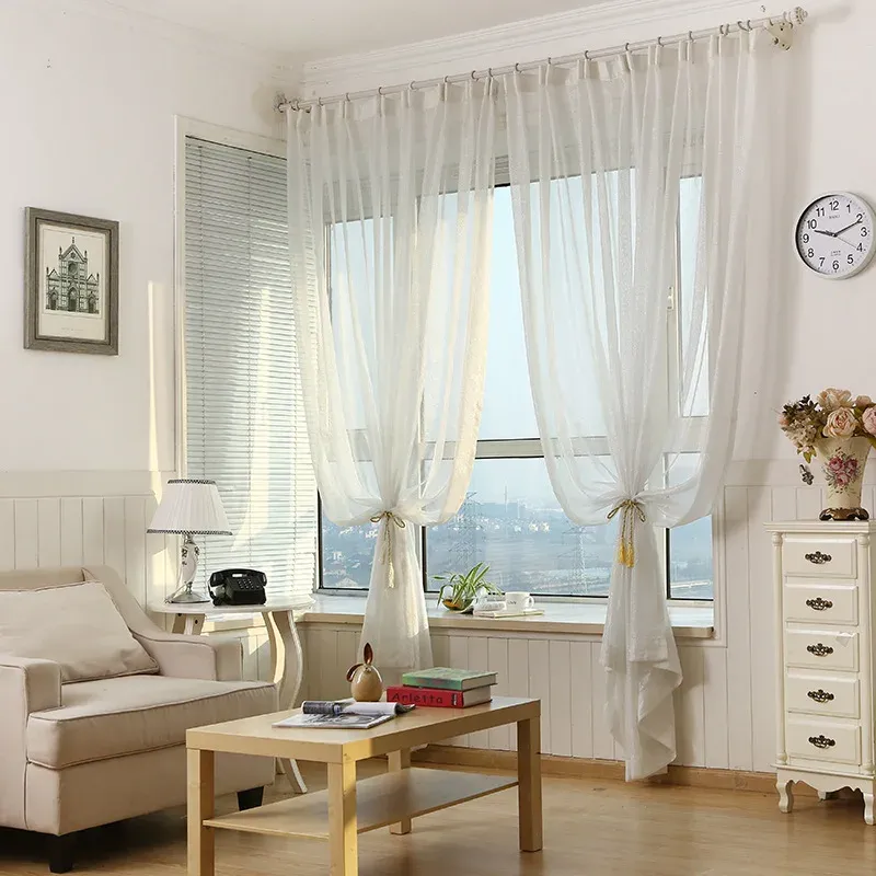 Pure White Window Screen Sheer Fabric Simple Modern Shiny Silver Wire Stripe Tulle Curtain för vardagsrum sovrum M135-50