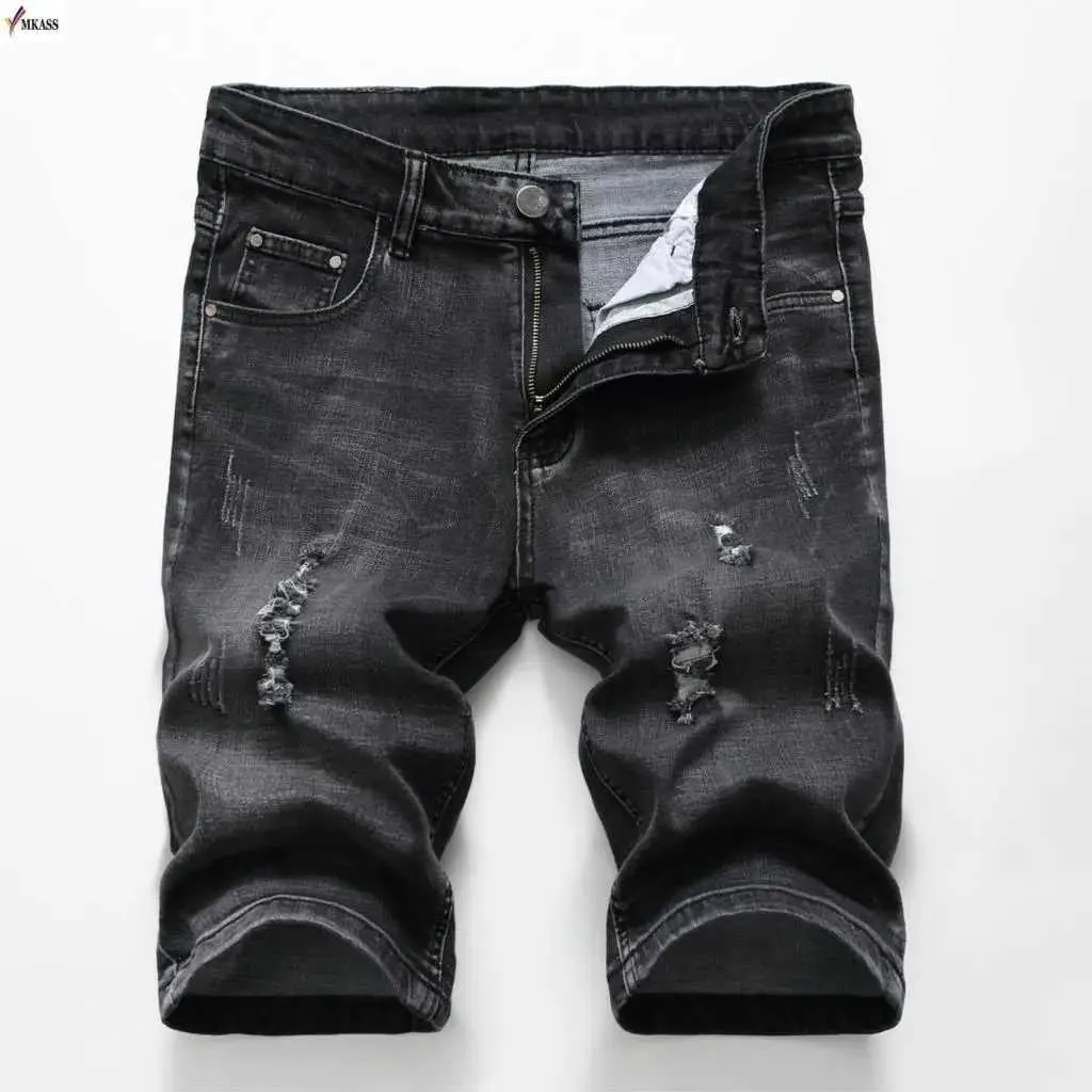 Summer Denim Shorts Men Stretch Slim Fit Short Jeans Mens Designer Cotton Casual Distressed Shorts Kn Length Black Denim Short