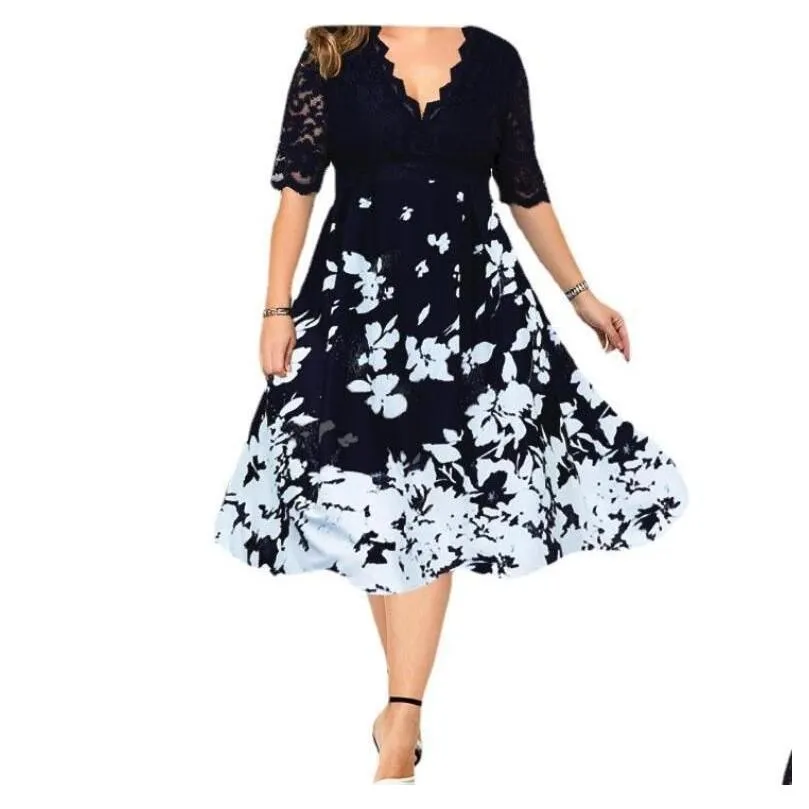 Basic Casual Dresses 2023 Womens Clothing Summer Dress Evening Party Fashion Patchwork Flower Elegant Blue Lace Club Outfits Plus Size Dhyrf