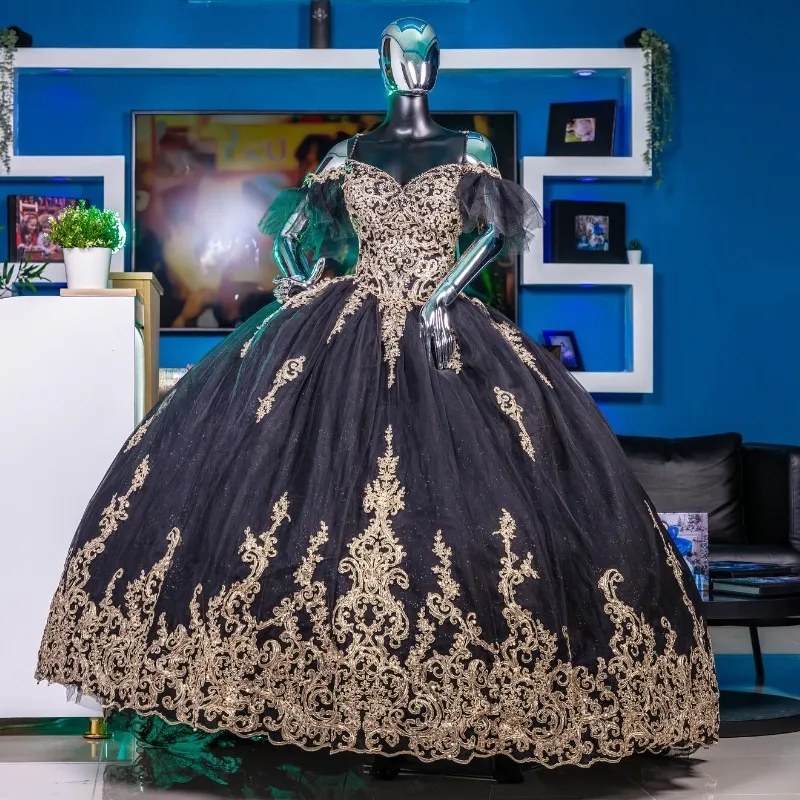 Black Shiny Off the Shoulder Ball Gown Quinceanera Dresses Gold Floral Appliques Lace Beads Tull Corset Vestidos De 15 Anos