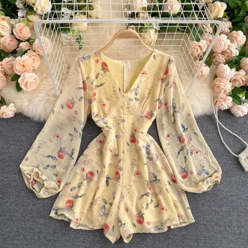 Klänningar kvinnors franskstil vintage blommig tryck jumpsuit vneck puff hylsa midja hing bantar allmatch casual playisuits pl465