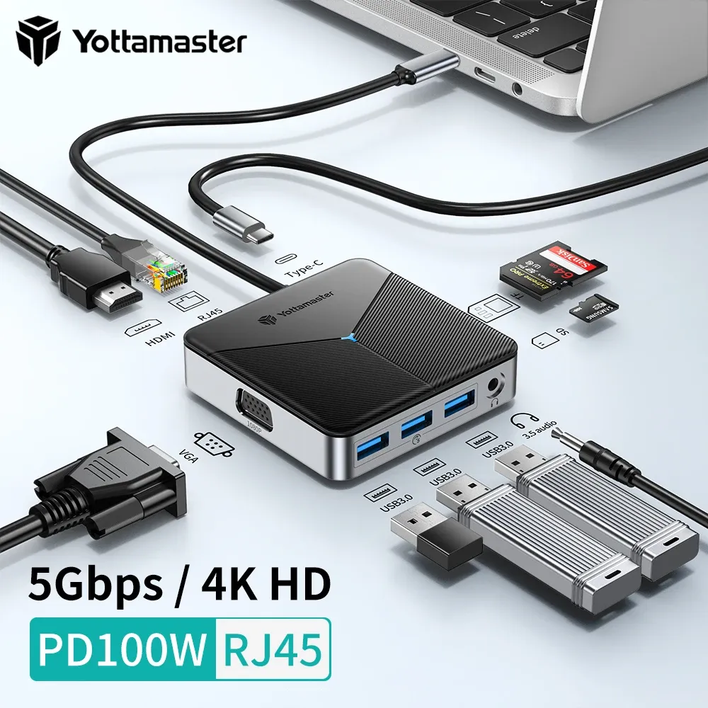 Hubs Yottamaster USB C Docking Station Dual Monitor 10in1 Triple Display USB C Hub Multiple Adapter for Laptops/Tablets Plug and Play