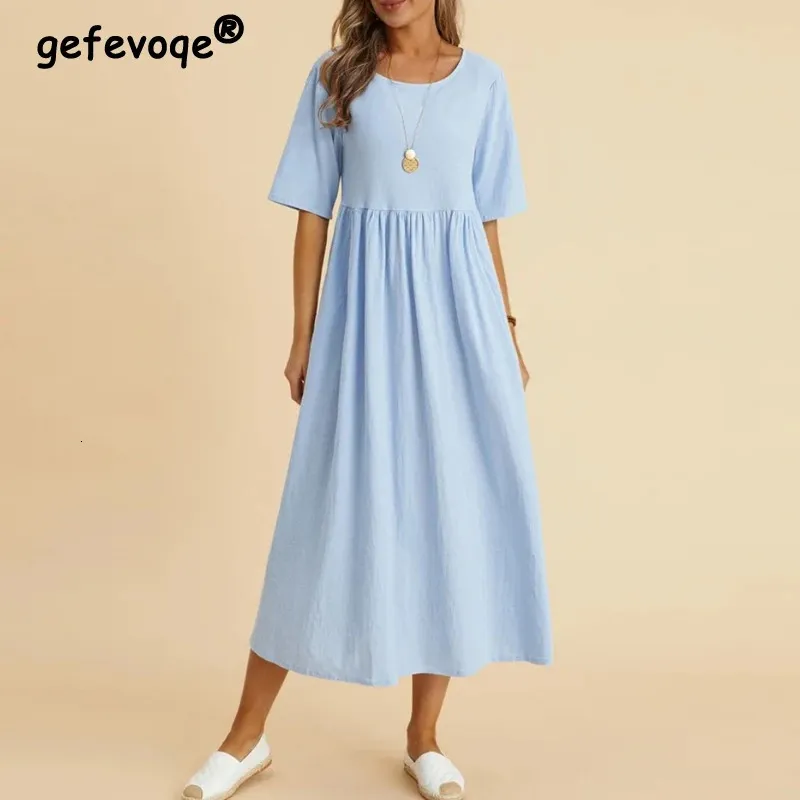 Femmes Vintage Cotton Linn Robe midi respirante Y2K Fashion Summer Malf-manches solides robes décontractées hautes Verstidos élégants 240407