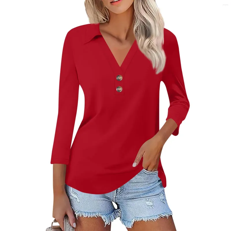 T-shirts pour femmes Fashion Summer Colord Couleur en V imprimé en V V-Neck à sept points bouton de manche à collier Cold Top Femme Blouse 20