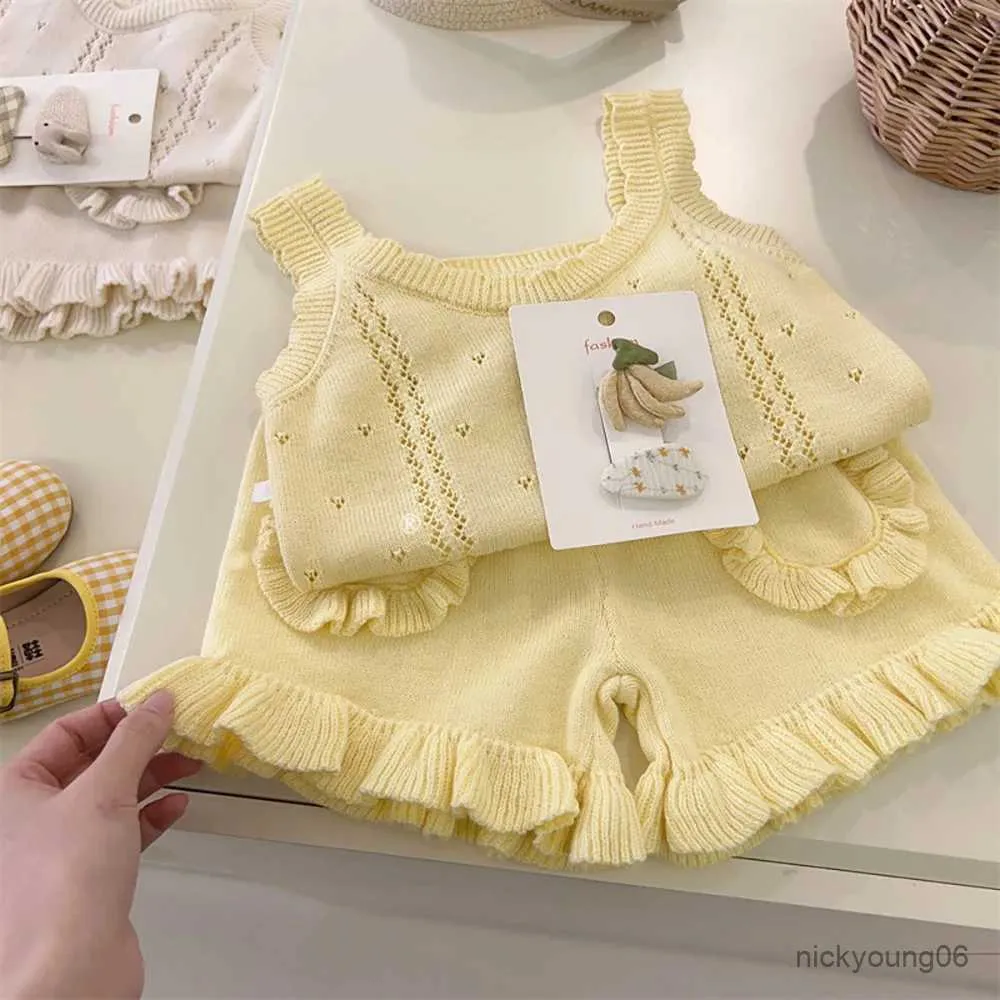 Clothing Sets Summer Children Clothes Sets Casual Hollow Out Sleeveless Knitted Camisole Vest Kids Girls Tops+Ruffles Shorts 2Pcs Outfit Suit