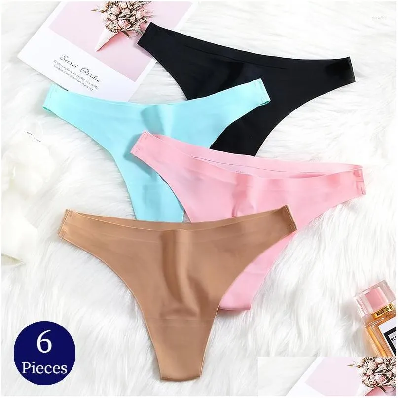 Женские трусики Женские Троубридж 6pcs/SET шелк Satin Satin Seamless Thongs Y-нижнее белье.