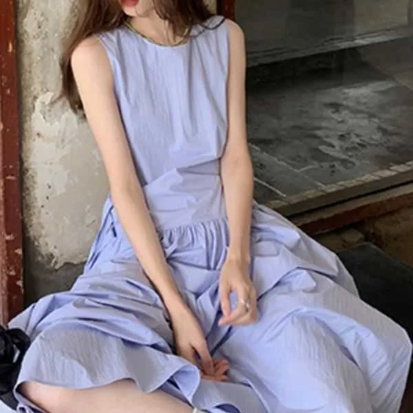 夏の韓国版のスリムデザインタンクドレスソリッドインミッドレングスaラインスカート