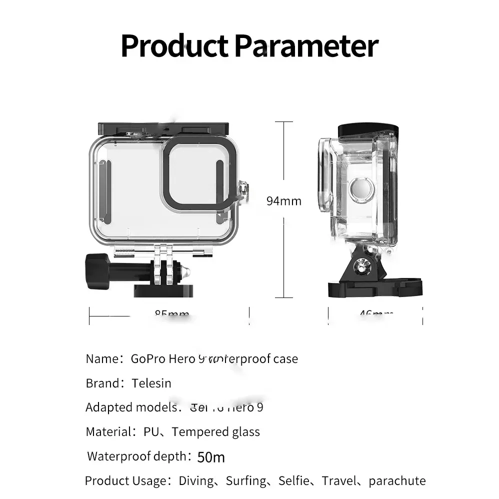 Kameralar Telesin GoPro Kahraman 11 10 9 50m Su Geçirmez Kılıf Su Altı Tedirgin Cam lens Dalış Konutu Kapağı GoPro 9 Kamera Aksesuar