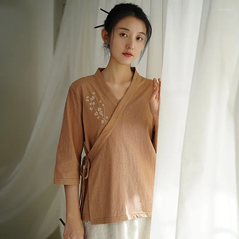 Blouses pour femmes Johnature Femmes Chinois broderie de chemises à col en V floral