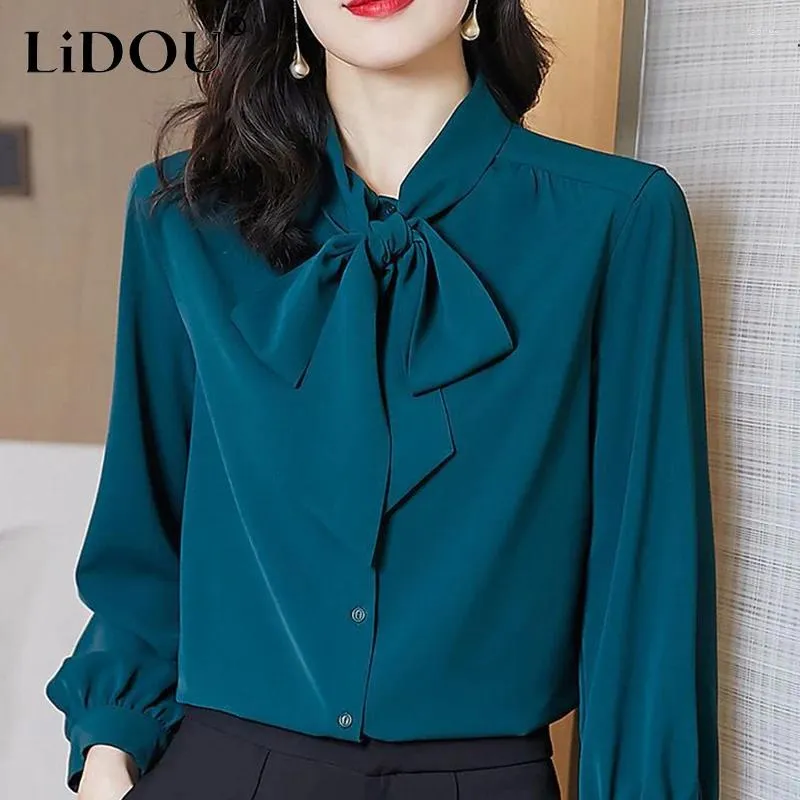 Женские блузки весна осенний темперамент моды корейский офисная леди простая рубашка лук V-образно