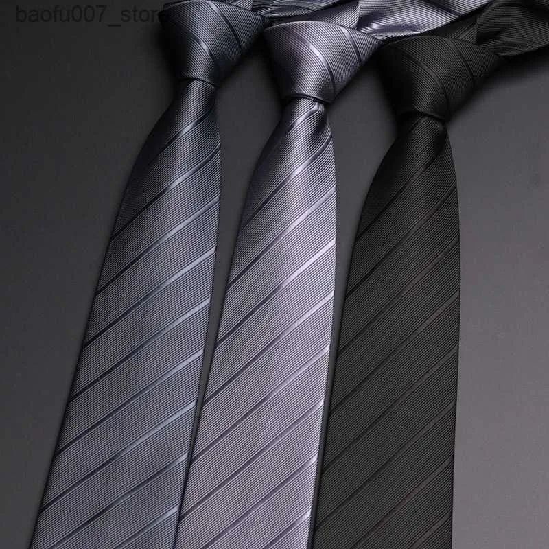 Neck Ties New 8CM Black Grey Tie Groom Wedding Tie Oblique Stripe Suit Accessories Hand TieQ