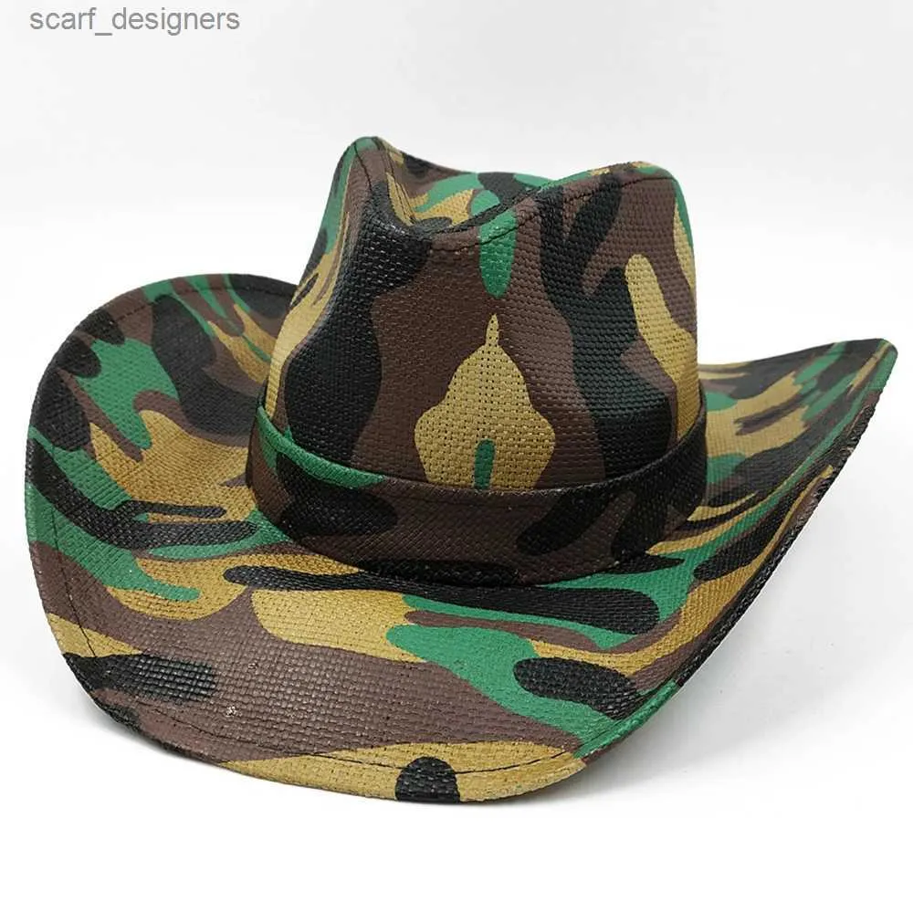 Breda randen hattar hink hattar armé grön camo cowboy hatt strå hatt stjärna jazz strå hatt panama papper gräs västra USA cowboy hatt mode resor y240409