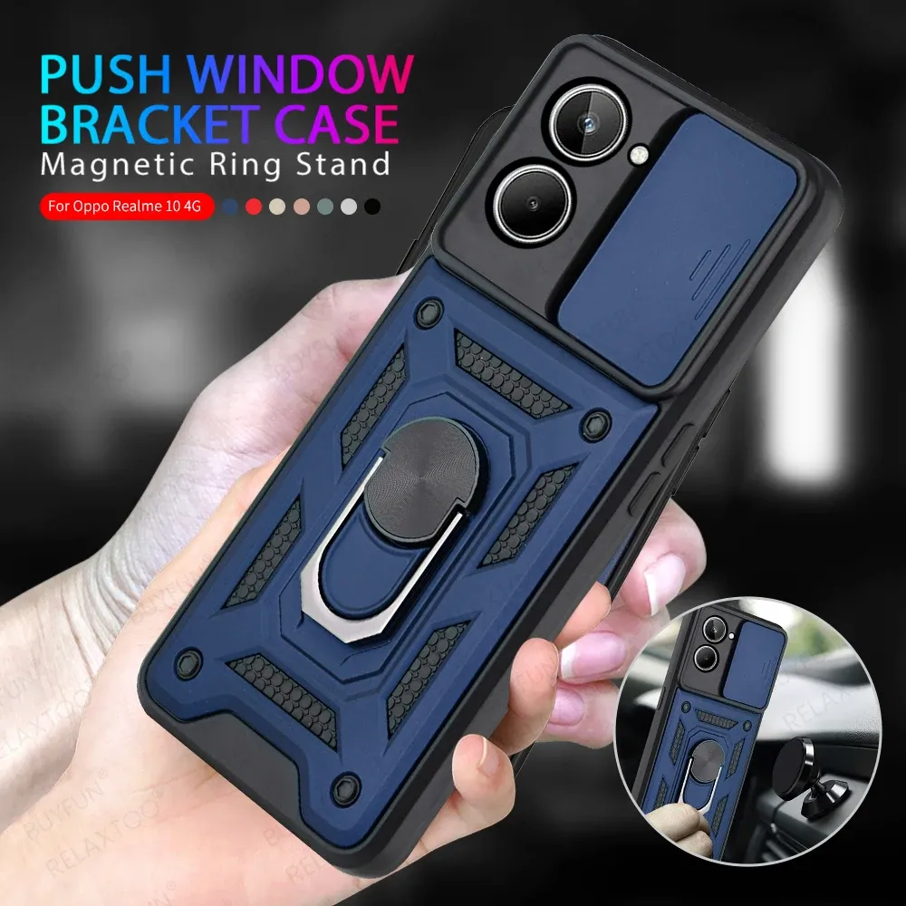 Realme10 Case Ring Holder Push Window Armor Phone Case för Realme 10 4G Realmi Real Me 10 6,4 tum mjuk stötsäker stötfångare