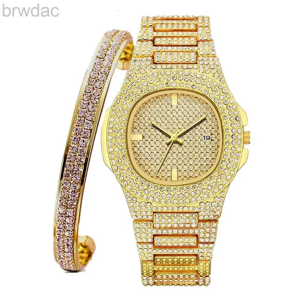 Женские часы часы + браслет для женщин Bling Bracelet Miami Bracelet Iceed Watch Watches Women Hip Hop Watch Luxury Gold Watch Set Women Jewelry Set Gifts 240409