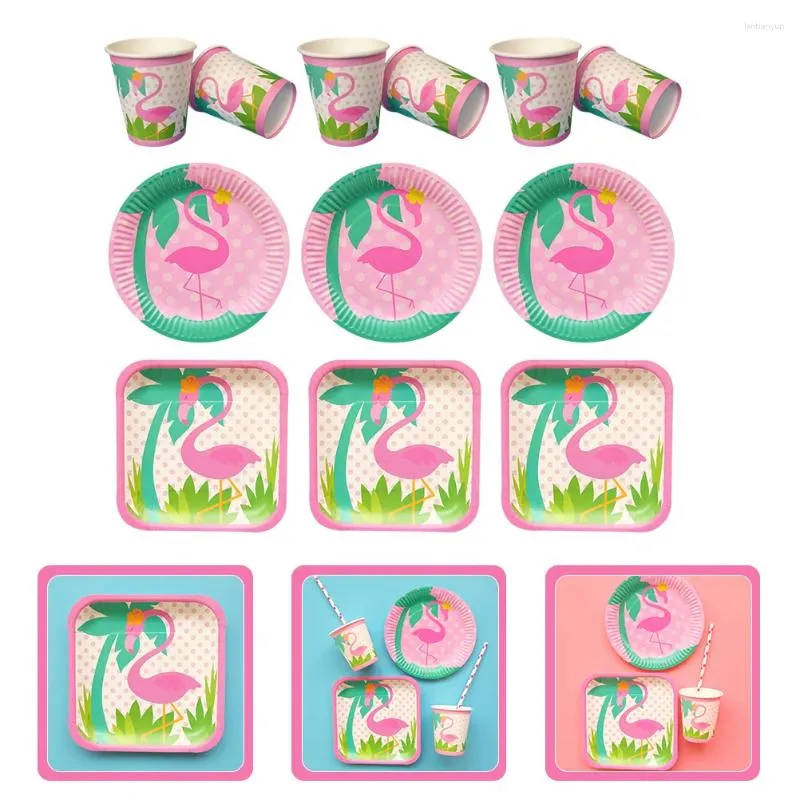 Одноразовая ужин -посуда 24 шт. Фламинго бумажная тарелка гавайских украшений чашки чашки рождения розыгрыш розовые поставки
