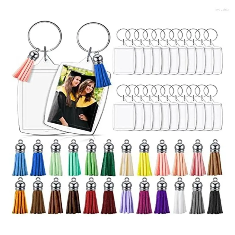 Crochets 24pcs Acrylique Poframe Keychains Kelechain Clear Clear Key Ring DIY Craft Project avec des glands 5,6 x 4,0 cm