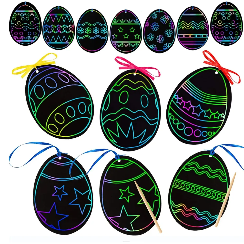 24pcs Artisanat pour les enfants grattant les œufs de Pâques jouets bricolage de couleur magique ornements mignons oeufs de Pâques dessin toys décor gamin fête
