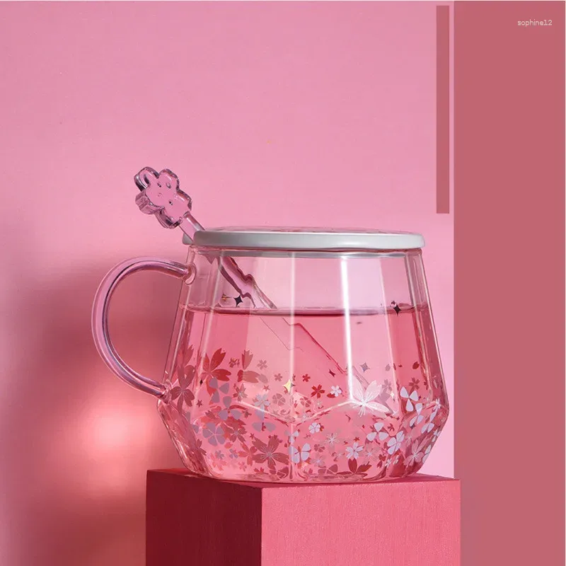 Wijnglazen creatieve diamant kersen bloesem patroon glazen kopje roze schattige vrouwelijke roer staafomslag handvat koffie ins net rode cups lb62919