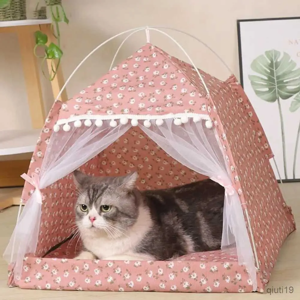 Camas de gato móveis gatos dormindo ninho de ninho semi-gato casa tenda de gato casa respirável abrigo de cabana com porta de tela para suprimentos de cama de animal de estimação de verão