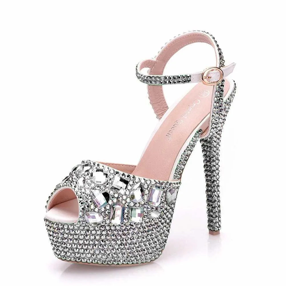 Dress Shoes Crystal Queen Rhinestone Sandals Wedding Women Extreme High Heels Ladies Silver Pumps Platform Summer H240409 OPL3