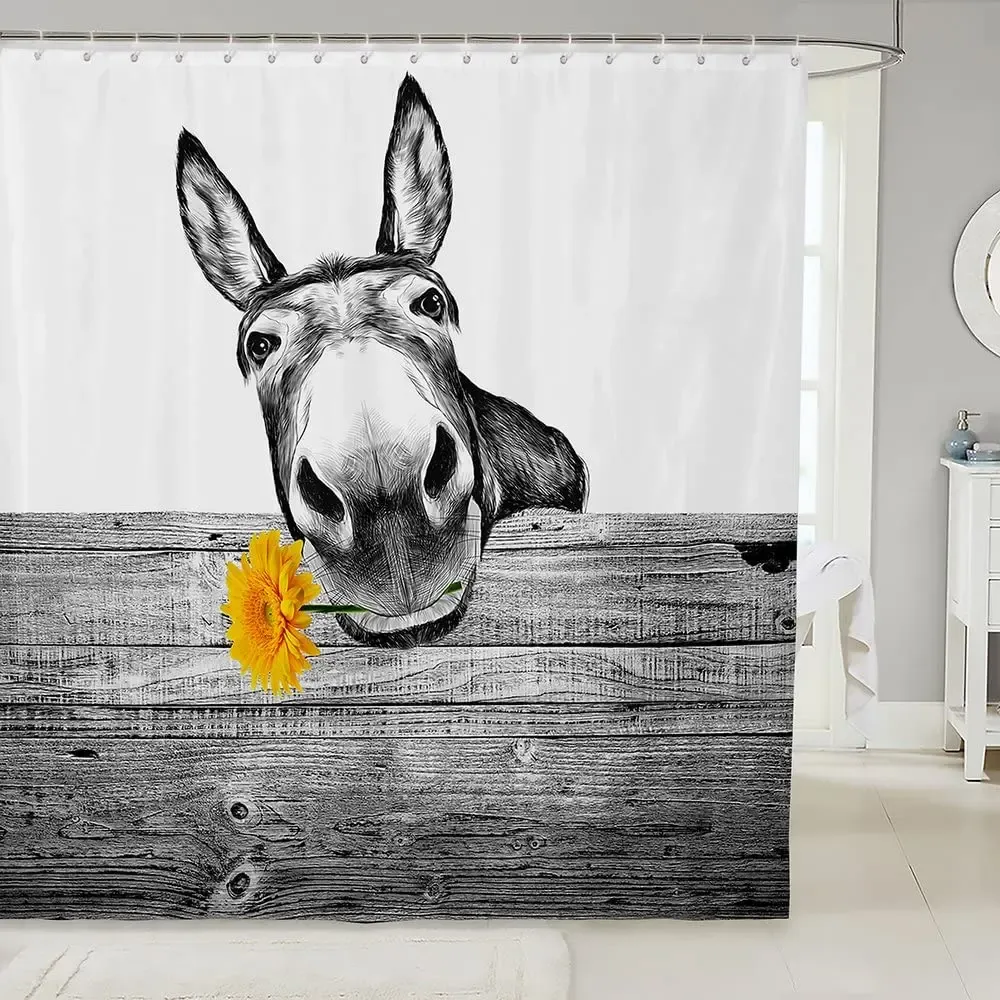 Donkey Shower Curtain Rustic Floral Farmhouse Bathroom Shower Curtains Black and White Cute Animal Modern Waterproof Set Hooks