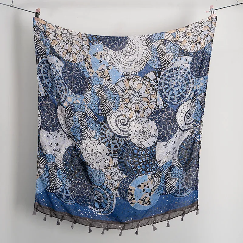 【送料&関税込】Golden Foulard High-Quality 2023 Gold Shiny Dot India Floral Tassel Viscose