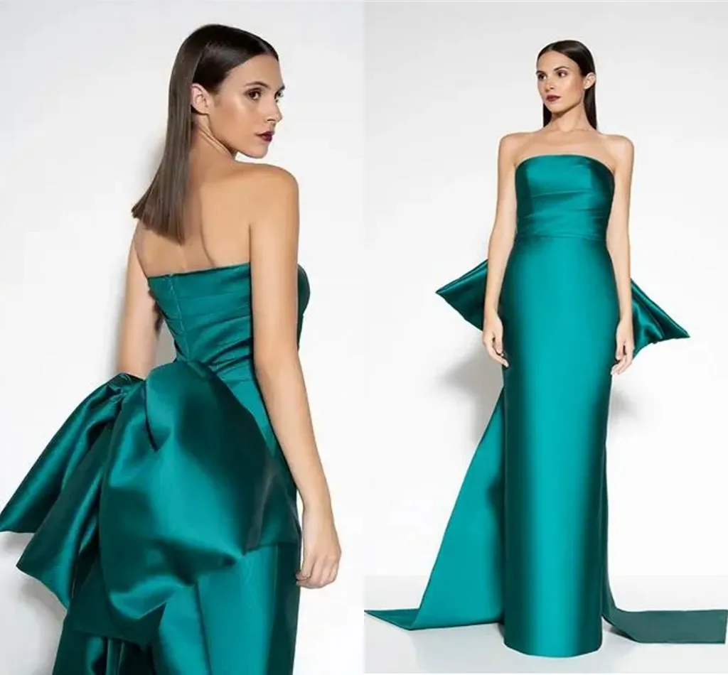 Elegante groene formele avondjurk strapless mouwloze grote boog satijn prom pagenat feestjurken gewaad de soiree 2024 Saoedi -Arabisch