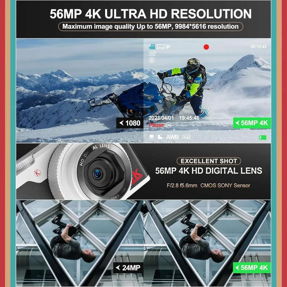 56MP Digital Camera for Photography and Vlogging, 4K Video, 180° Flip Screen, 16X Zoom, Compact Camera for Beginners - Ideal for YouTube Content Creation
