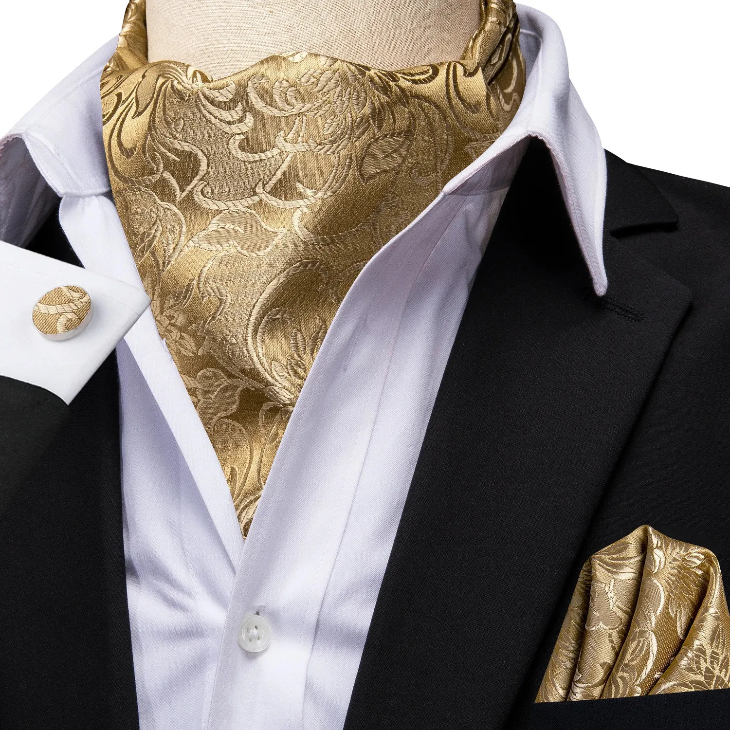 Hitie Gold Silk Mens Ascot Hanky ​​Mankietki Zestaw Jacquard Floral Paisley Vintage Formal Cravat Tie