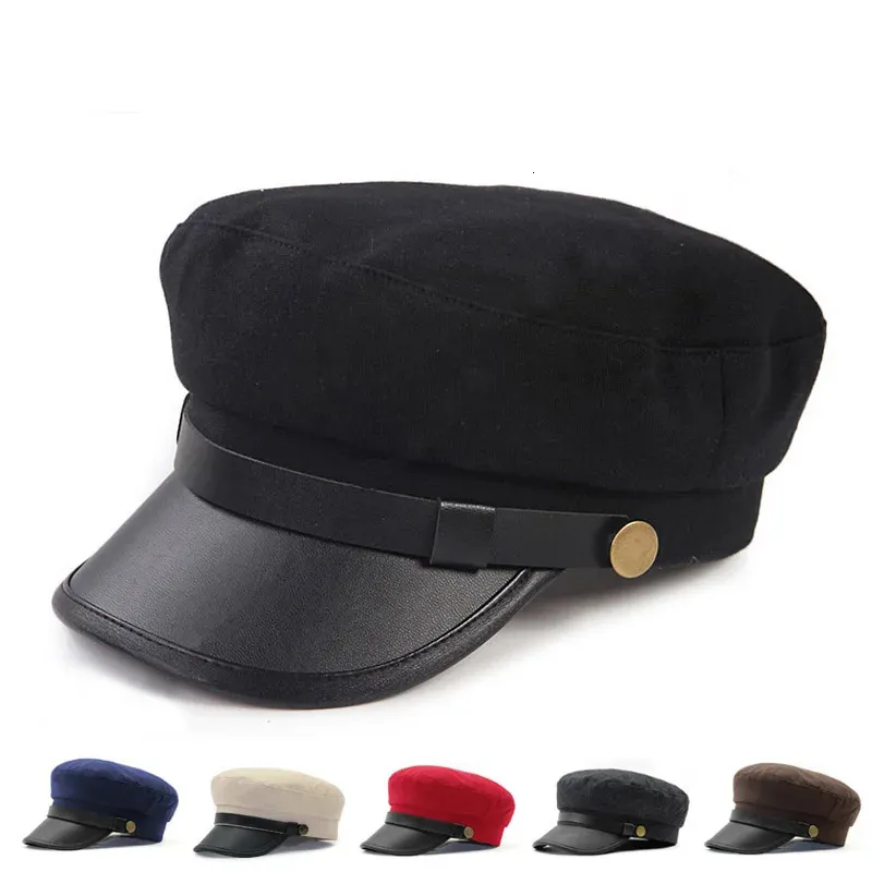 Navy Cap PU Leather Brim Copper Buckle Navy Hat British Men And Women Hats Retro Flat Top Student Caps 240407