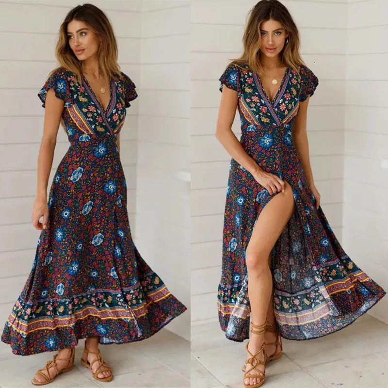 Gracyoga Women's Summer Maxi Dress - Cold Shoulder, V-Neck With Pockets (Floral, X-Large)